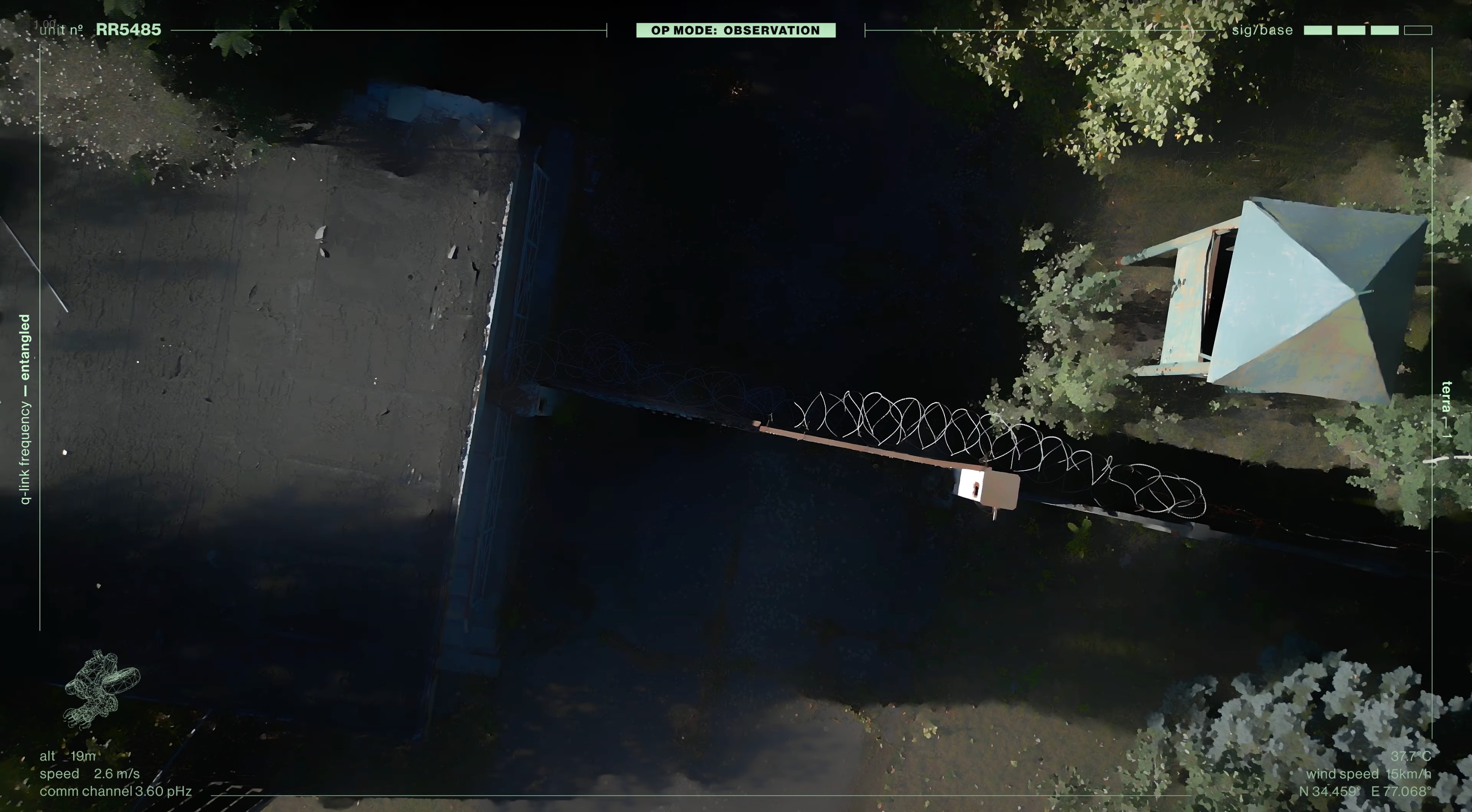 Aerial view of a fenced green area
