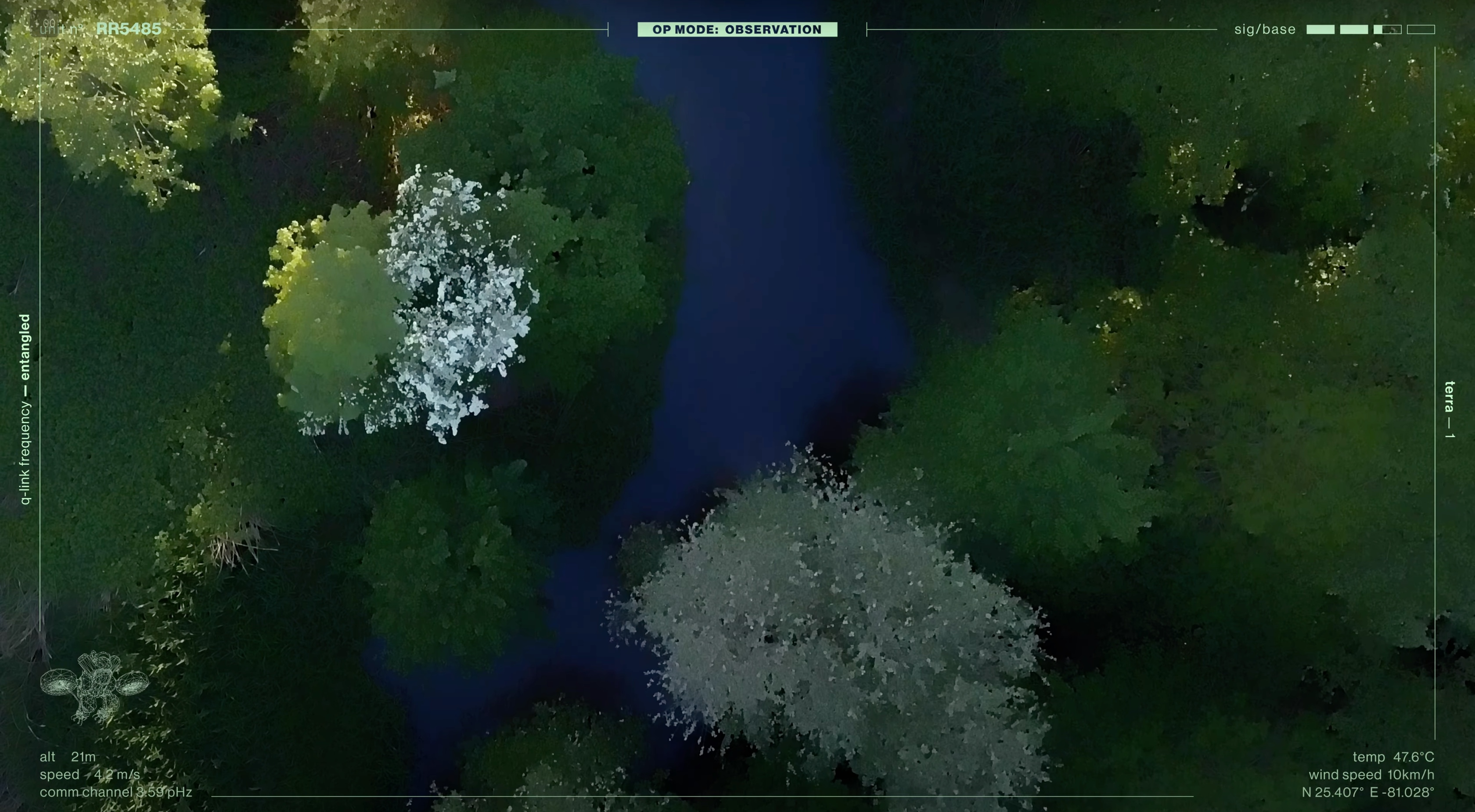 Aerial AI navigation over dense green forest