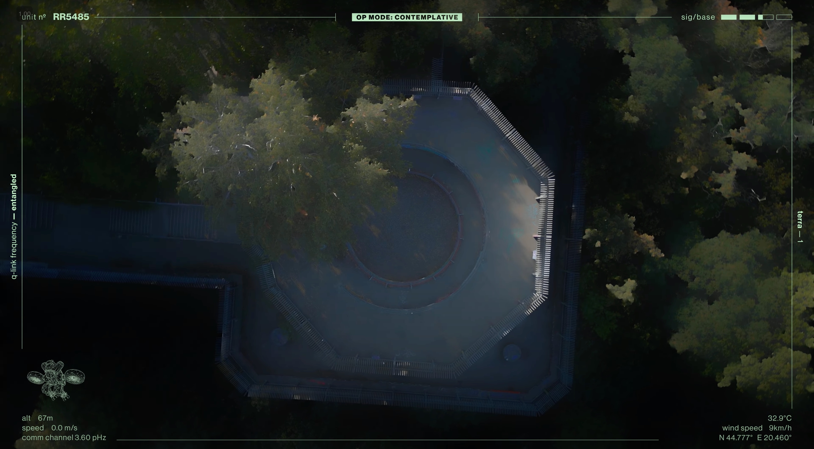 Aerial view of a green area with a circular structure